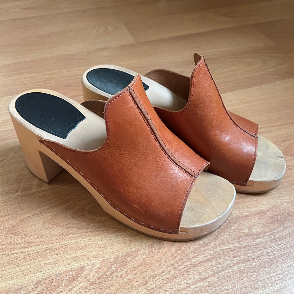 Swedish Hasbeens Lotten Sandal Clogs Leather Open Toe Wood Platform Mules Sz 39